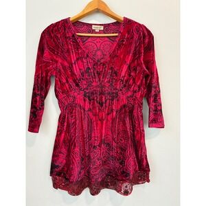 One World Velvet Paisley Top‎ Red Black Women's Medium Sequined Trim Blouse